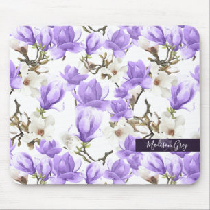 Purple & White Magnolia Blossom Watercolor Pattern Mouse Mat