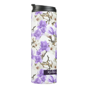 Purple & White Magnolia Blossom Watercolor Pattern Thermal Tumbler