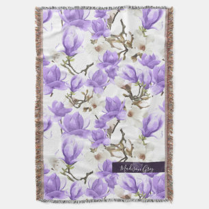 Purple & White Magnolia Blossom Watercolor Pattern Throw Blanket