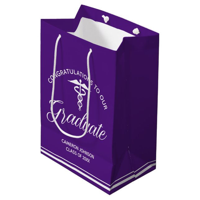 Purple White Medical School Graduation Party Medium Gift Bag (Front Angled)