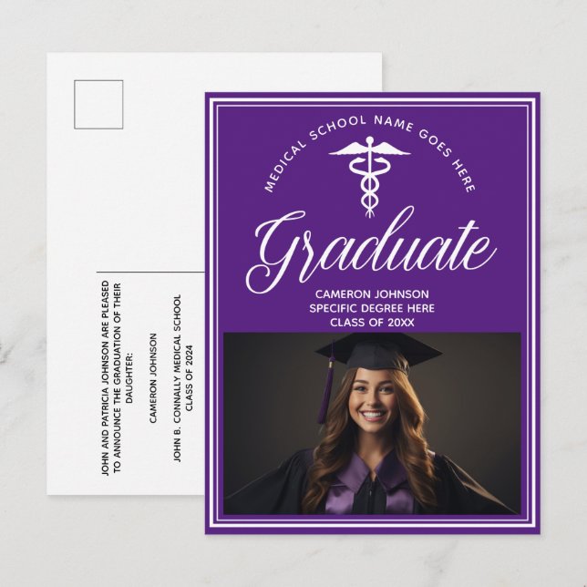 Purple White Medical School Photo Graduation Announcement Postcard (Front/Back)