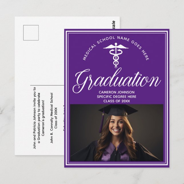 Purple White Medical School Photo Graduation Party Postcard (Front/Back)