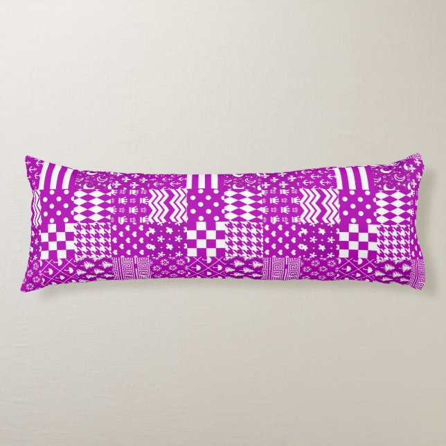 Purple White Mixed Patterns Patchwork Design  Body Cushion (Front)