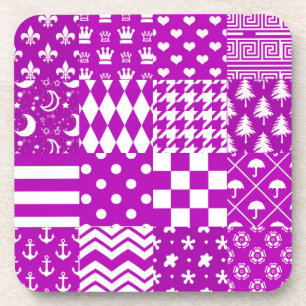 Purple White Mixed Patterns Patchwork Design Coaster