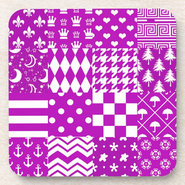 Purple White Mixed Patterns Patchwork Design  Coaster (Front)