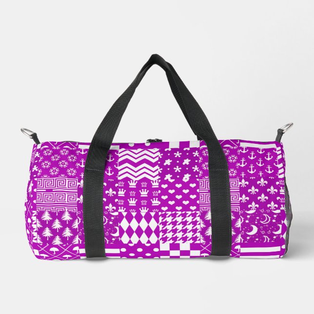 Purple White Mixed Patterns Patchwork Design  Duffle Bag (Front)