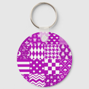 Purple White Mixed Patterns Patchwork Design Key Ring