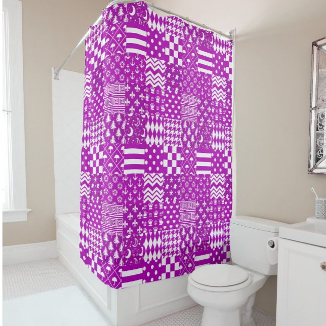 Purple White Mixed Patterns Patchwork Design  Shower Curtain (Creator Uploaded)