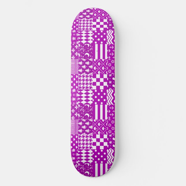 Purple White Mixed Patterns Patchwork Design  Skateboard (Front)