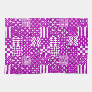 Purple White Mixed Patterns Patchwork Design Tea Towel