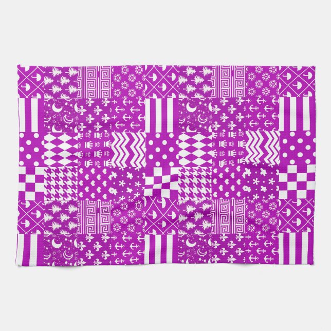 Purple White Mixed Patterns Patchwork Design  Tea Towel (Horizontal)