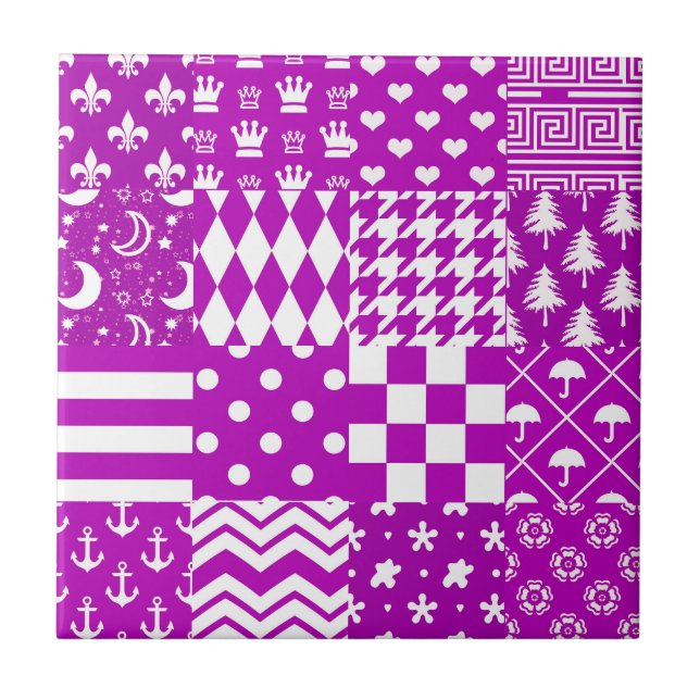 Purple White Mixed Patterns Patchwork Design  Tile (Front)