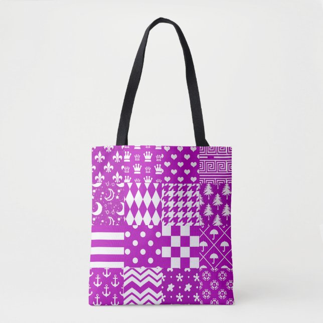 Purple White Mixed Patterns Patchwork Design  Tote Bag (Front)