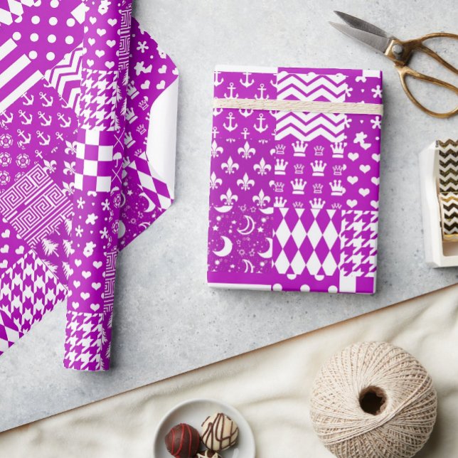 Purple White Mixed Patterns Patchwork Design  Wrapping Paper (Creator Uploaded)