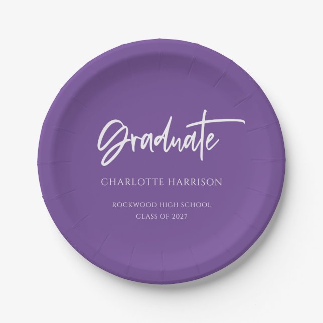 Purple White Modern Script Graduation Party Paper Paper Plate (Front)