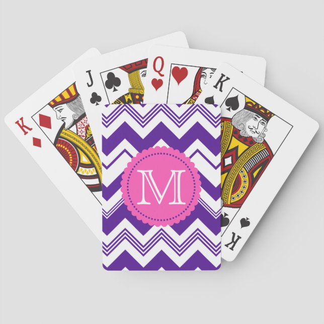 Purple White Monogram Chevron Pattern Playing Cards (Back)