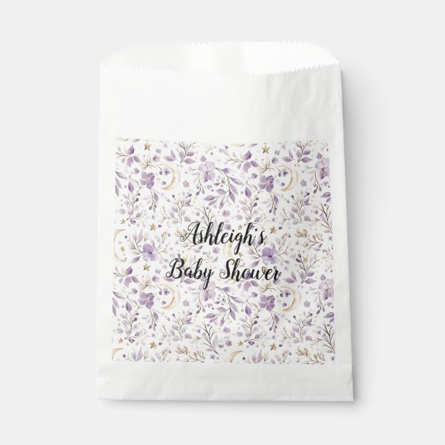 Purple White Moons & Stars Floral Baby Shower Favour Bags (Front)