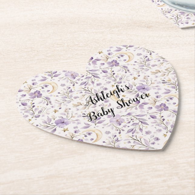 Purple White Moons & Stars Floral Baby Shower Paper Coaster (Angled)