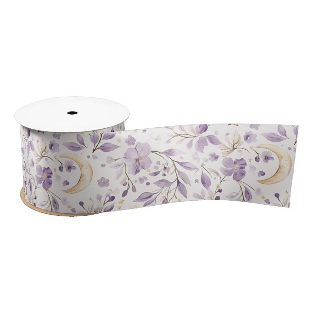 Purple White Moons & Stars Floral Baby Shower Satin Ribbon (Spool)