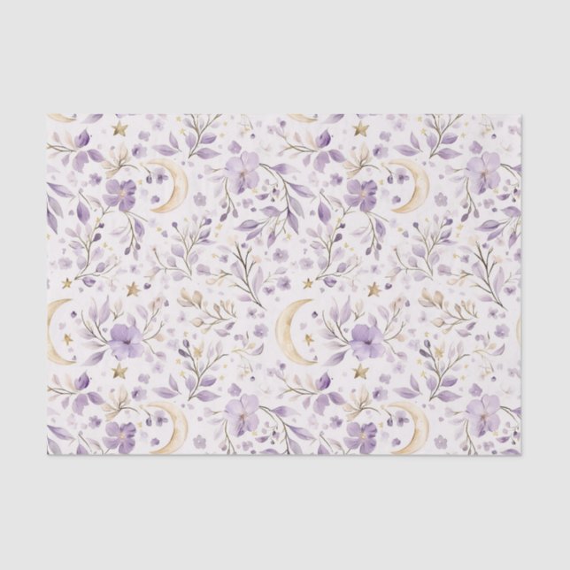 Purple White Moons & Stars Floral Baby Shower Tissue Paper (Front)