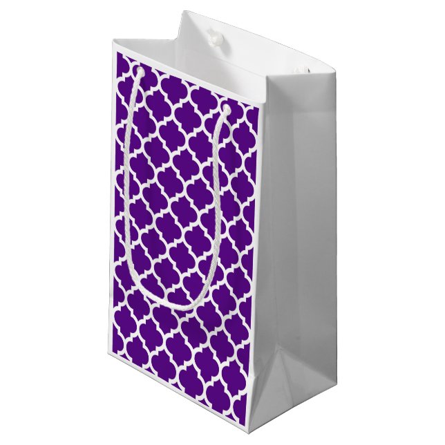 Purple White Moroccan Quatrefoil Pattern #5 Small Gift Bag (Front Angled)