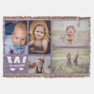 Purple White Multiple Photos Custom Monogram Throw Blanket