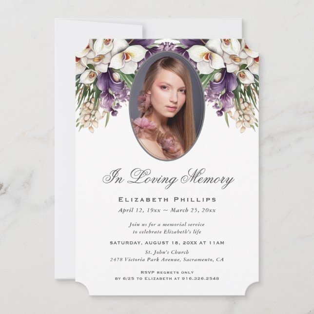 Purple White Orchid Photo Funeral In Loving Memory Invitation (Front)