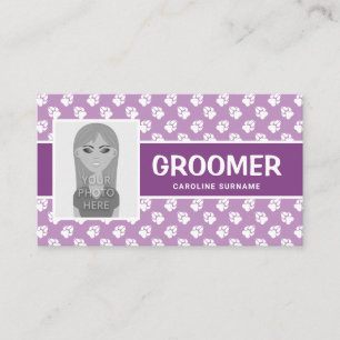 Purple & White Paws With Your Photo - Dog Groomer Business Card