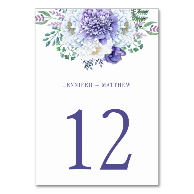 Purple White Peonies Greenery Table Number (Front)