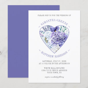 Purple White Peonies Heart Typography Wedding Invitation