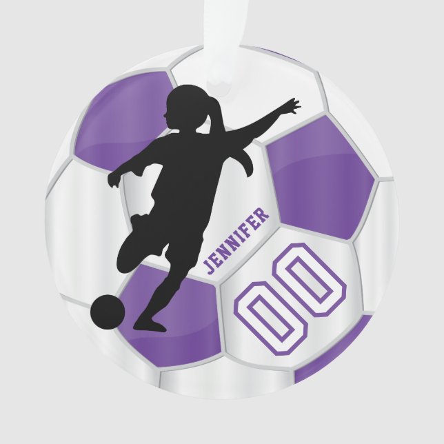 Purple & White Personalise Girl Soccer Player Ornament (Front)