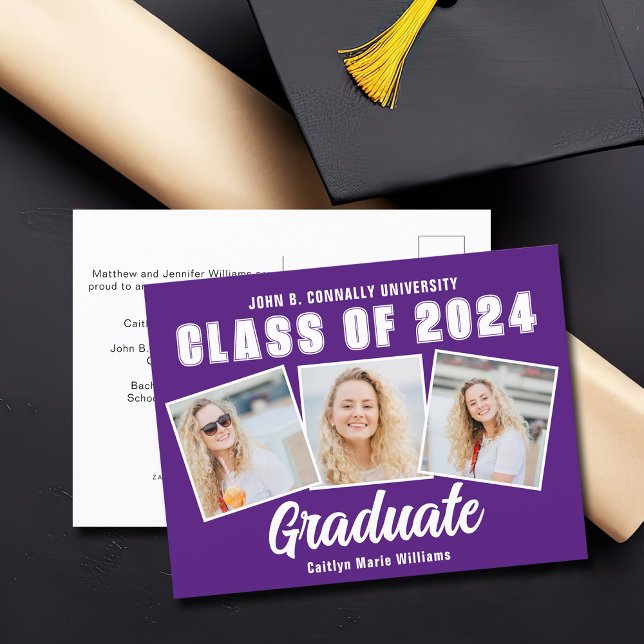 Purple White Photo Collage Class of 2025 Graduate Announcement Postcard (Creator Uploaded)