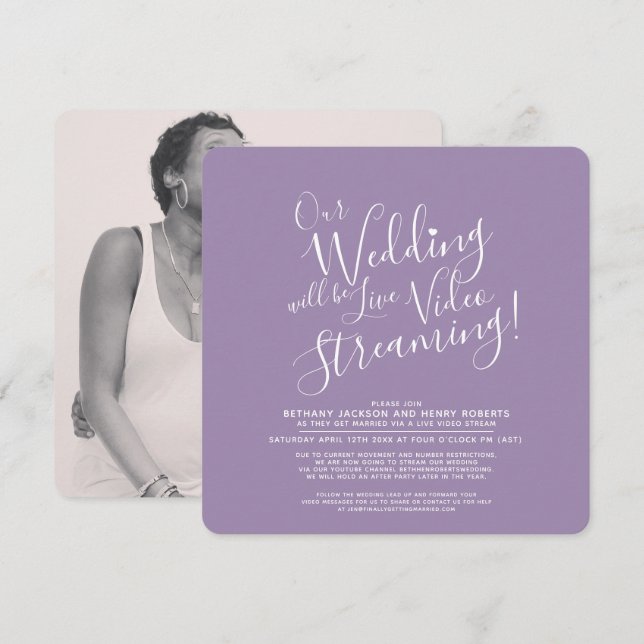 Purple white photo live streaming wedding invitation (Front/Back)