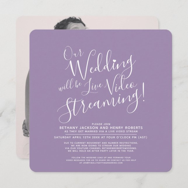 Purple white photo live streaming wedding invitation (Front/Back)