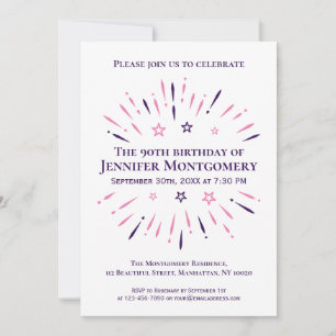 Purple White Pink 90th Birthday Party Fireworks Invitation