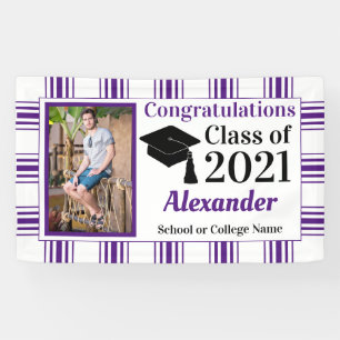 Purple White Plaid School Colours Graduation Banner