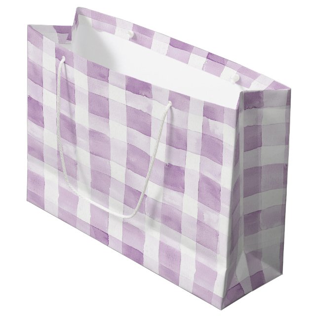 Purple White Plaid Stripes Birthday Large Gift Bag (Front Angled)