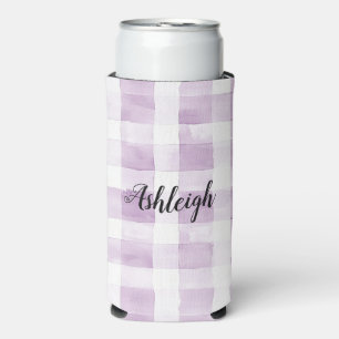 Purple White Plaid Stripes Birthday Seltzer Can Cooler