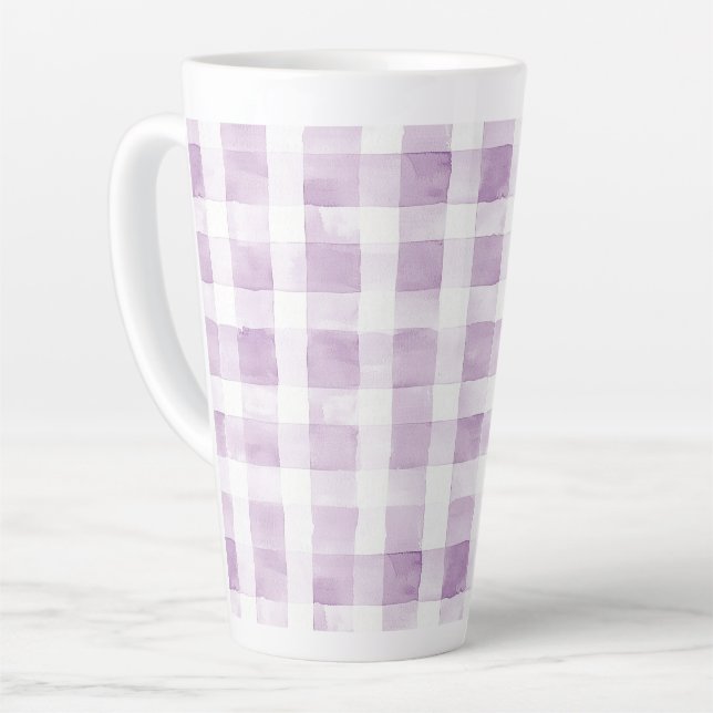 Purple White Plaid Stripes Latte Mug (Left Angle)