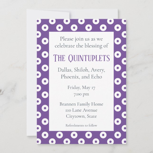 Purple & White Polka-Dots Multiple Baby Blessing Invitation (Front)