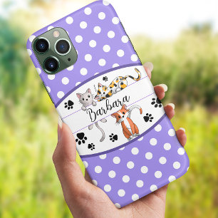 Purple & white polkadot, cute kittens custom iPhone 13 case
