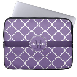 Purple   White Quatrefoil Clover Monogram Laptop Sleeve