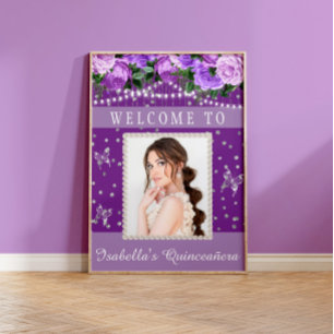 Purple White Quinceañera Photo Pearls Welcome Poster