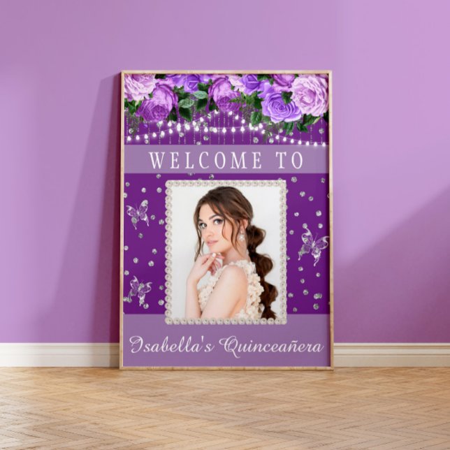 Purple White Quinceañera Photo Pearls Welcome   Poster (Creator Uploaded)