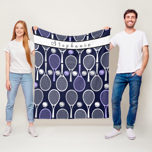 Purple White Rackets Girl Tennis Cute Personalised Fleece Blanket (In Situ)