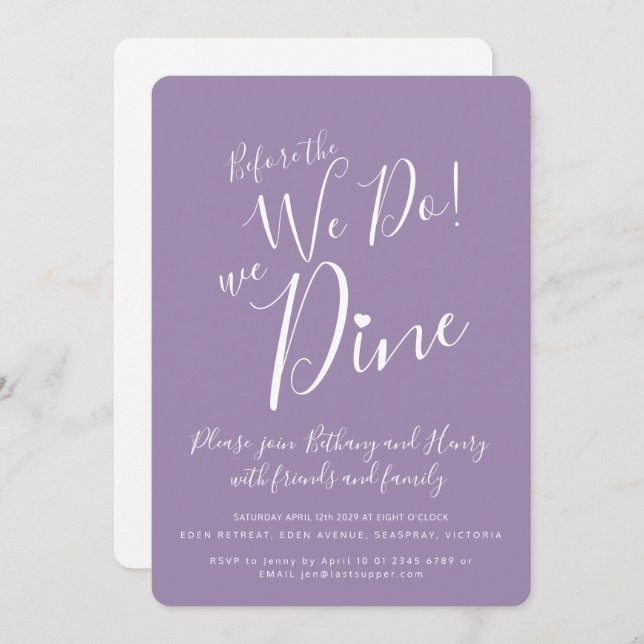 Purple white rehearsal dinner before we do invites (Front/Back)