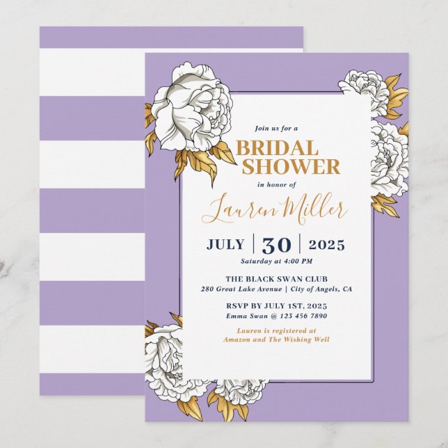Purple White Rose Carnation Floral Bridal Shower Invitation (Front/Back)