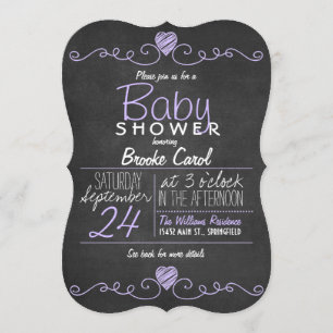 Purple, White Rustic Chalkboard, Heart Baby Shower Invitation