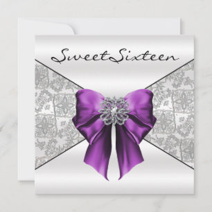 Purple White Satin  Damask Sweet Sixteen Invitation
