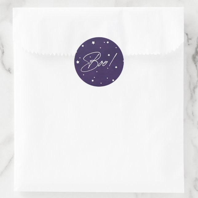 Purple + White Scattered Stars Boo! Halloween Classic Round Sticker (Bag)